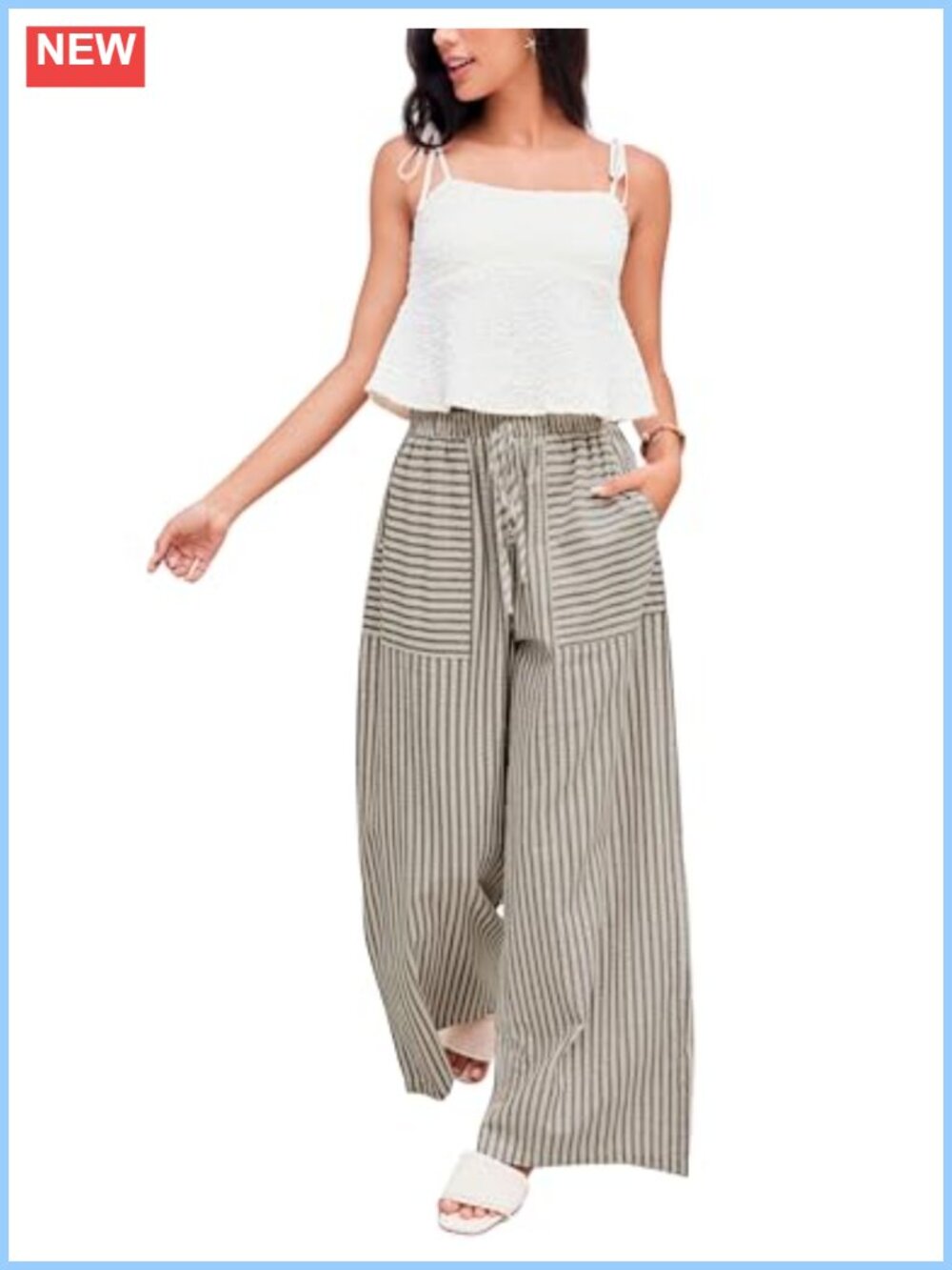 Women's Wide Leg Cotton Palazzo Pants Drawstring Mid Rise Casual Trousers